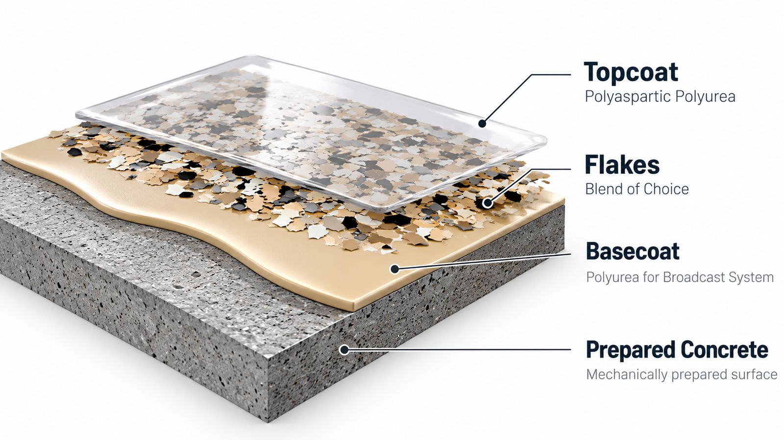 Cross-section of a flake floor system: prepared concrete, polyurea basecoat, a flake blend and a polyaspartic polyurea topcoat