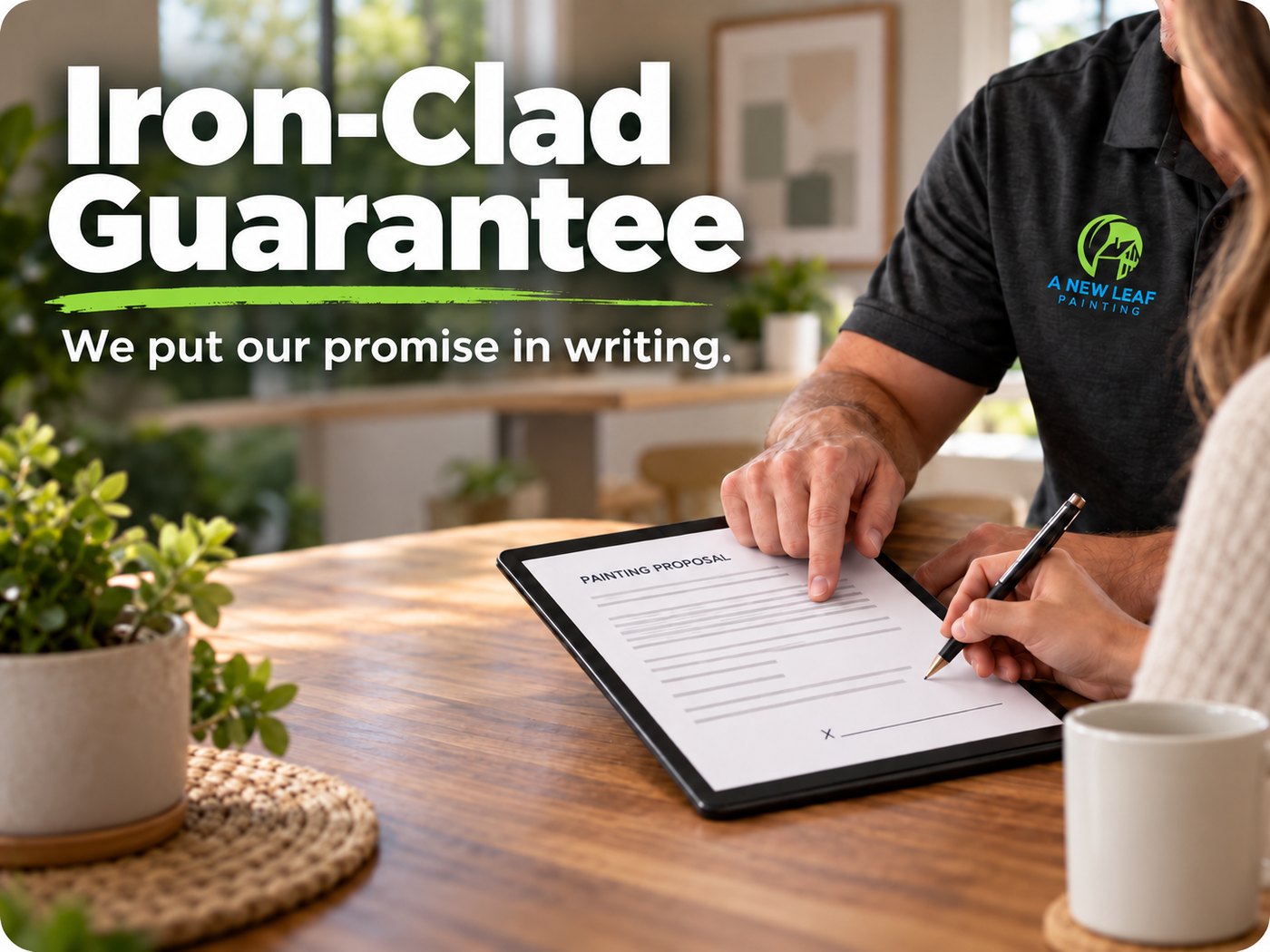 Iron-Clad Guarantee: we put our promise in writing. An A New Leaf painter points to a painting proposal as a homeowner signs it.