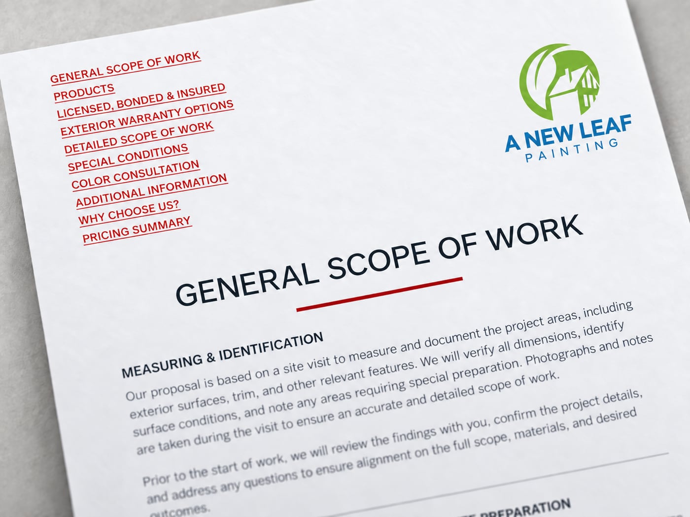 The first page of an A New Leaf Painting proposal: the general scope of work