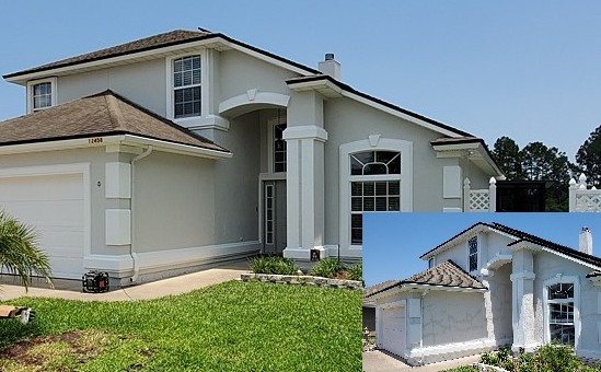 A stucco home after exterior trim and body painting, with the before in the corner, Jacksonville FL