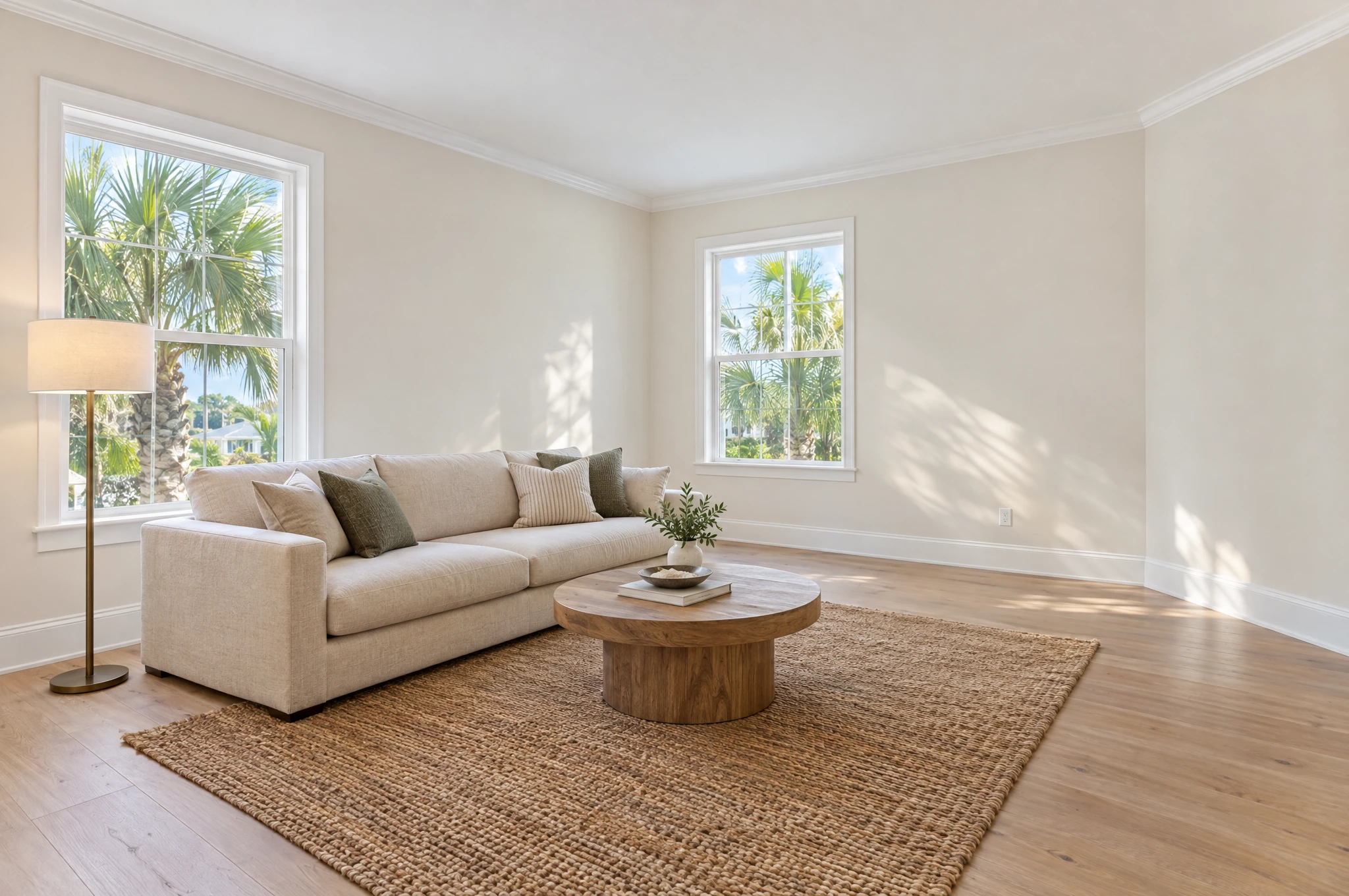 Sample room: a bright living room with soft white walls, white trim and two windows onto palm trees
