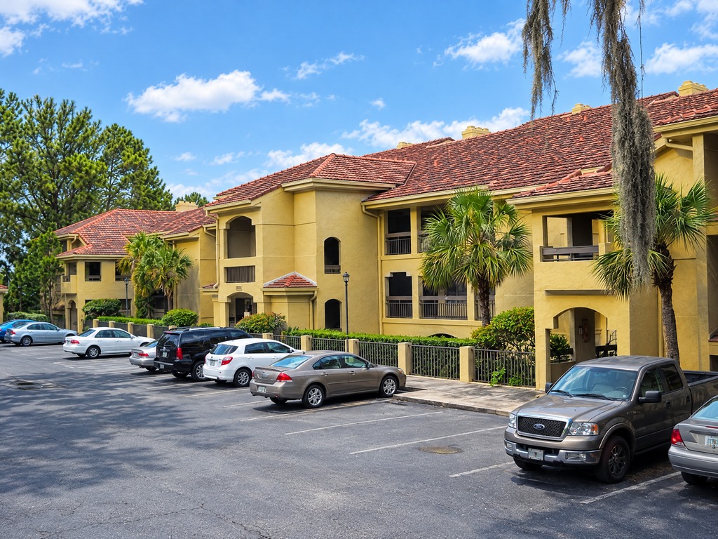 Yellow stucco condominium buildings after exterior painting, Jacksonville FL