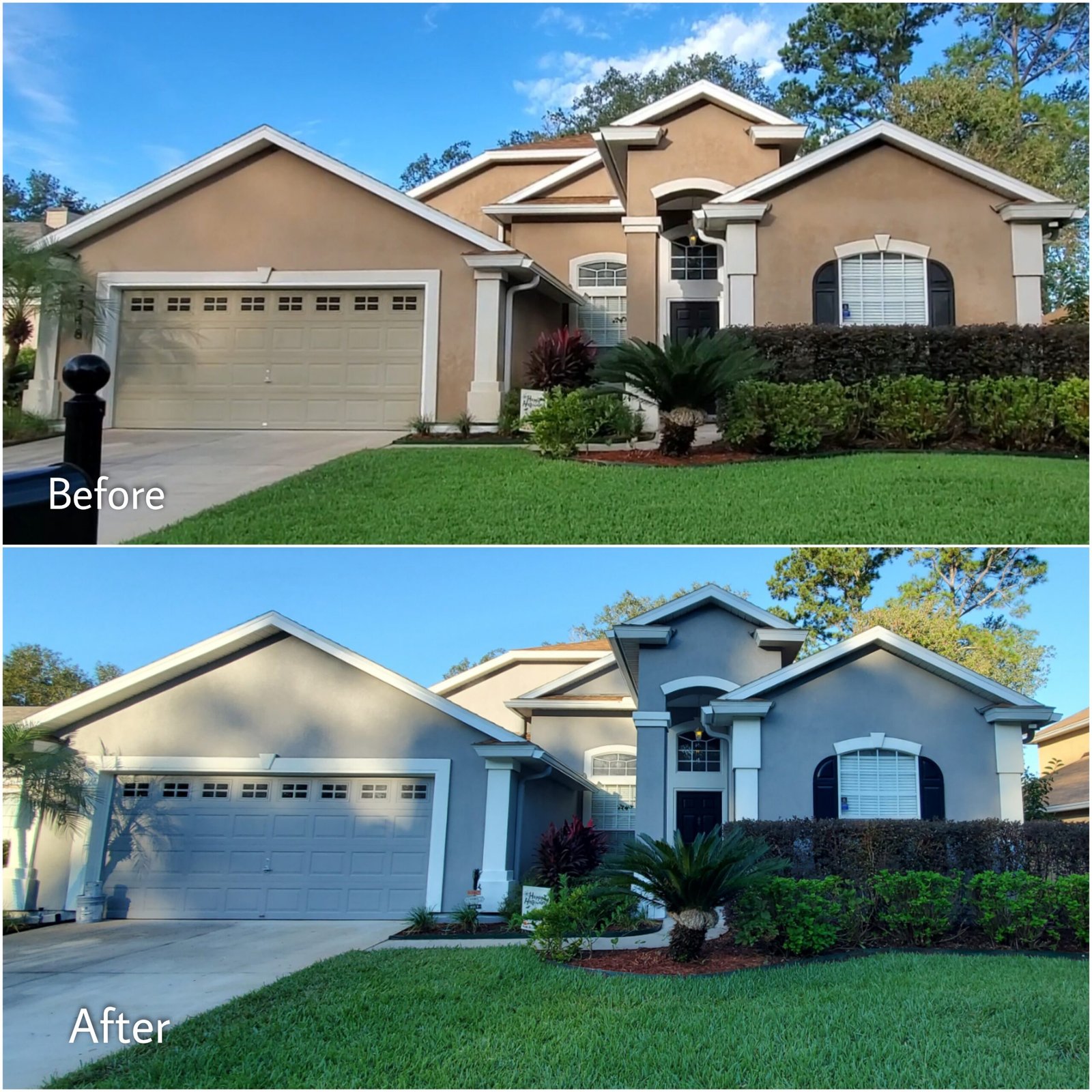 Three views of a light blue lap-siding home painted in Green Cove Springs, FL