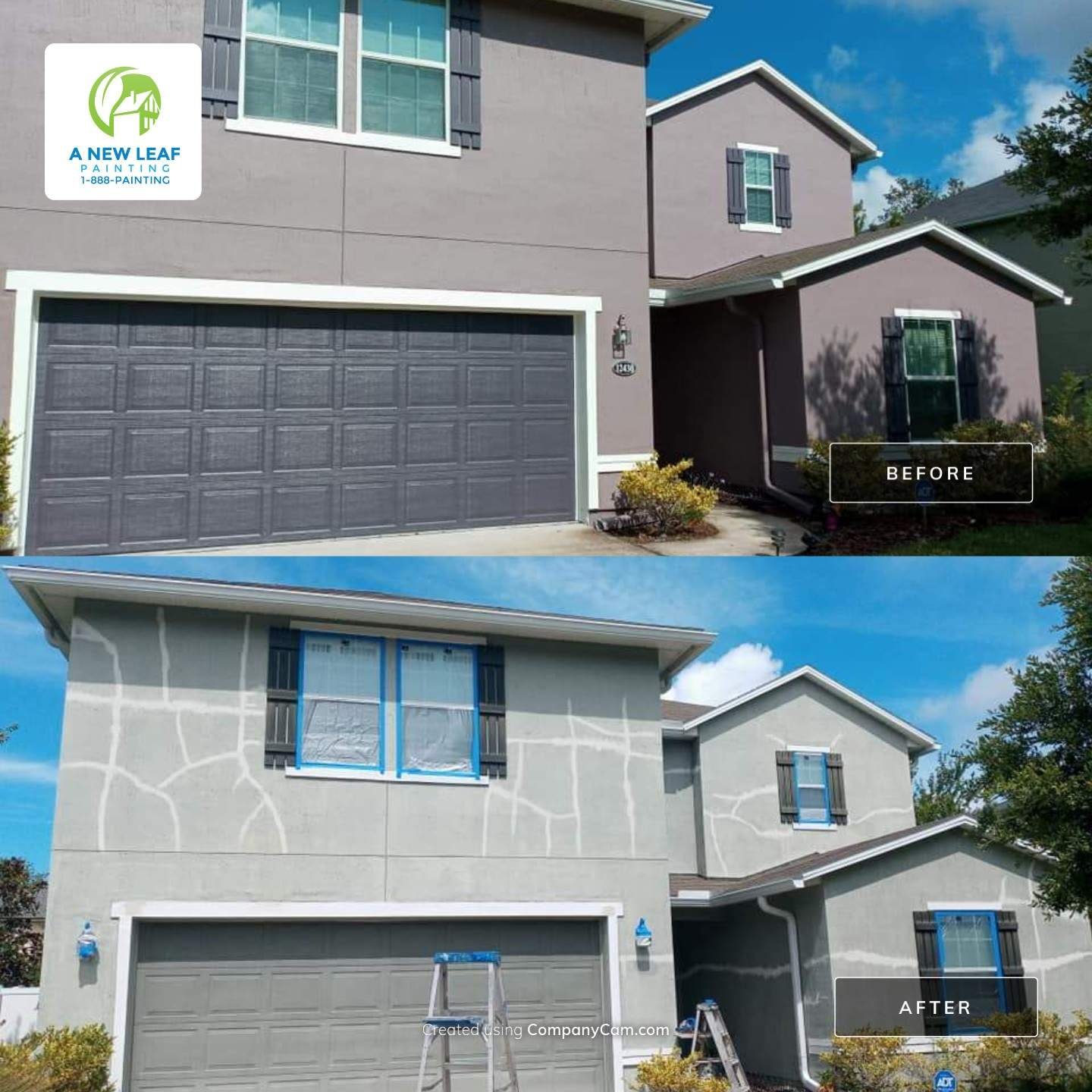 Before and after exterior repaint of a conventional stucco home in Mandarin, Jacksonville FL 32223, with Sherwin-Williams Renwick Heather body, Midnight accents and Alabaster trim