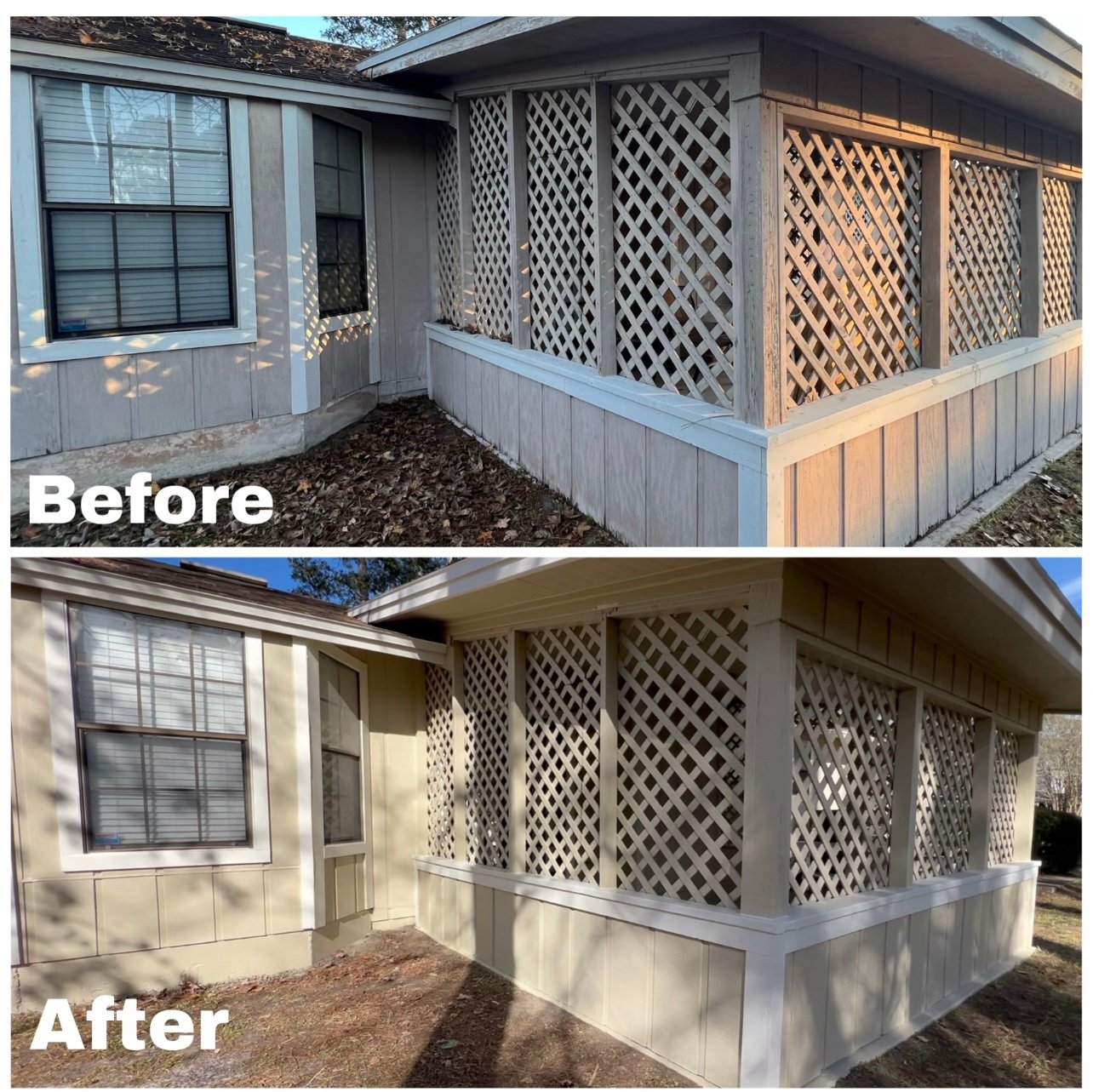 Before and after exterior house painting with full surface preparation on a Mandarin Jacksonville FL 32258 home