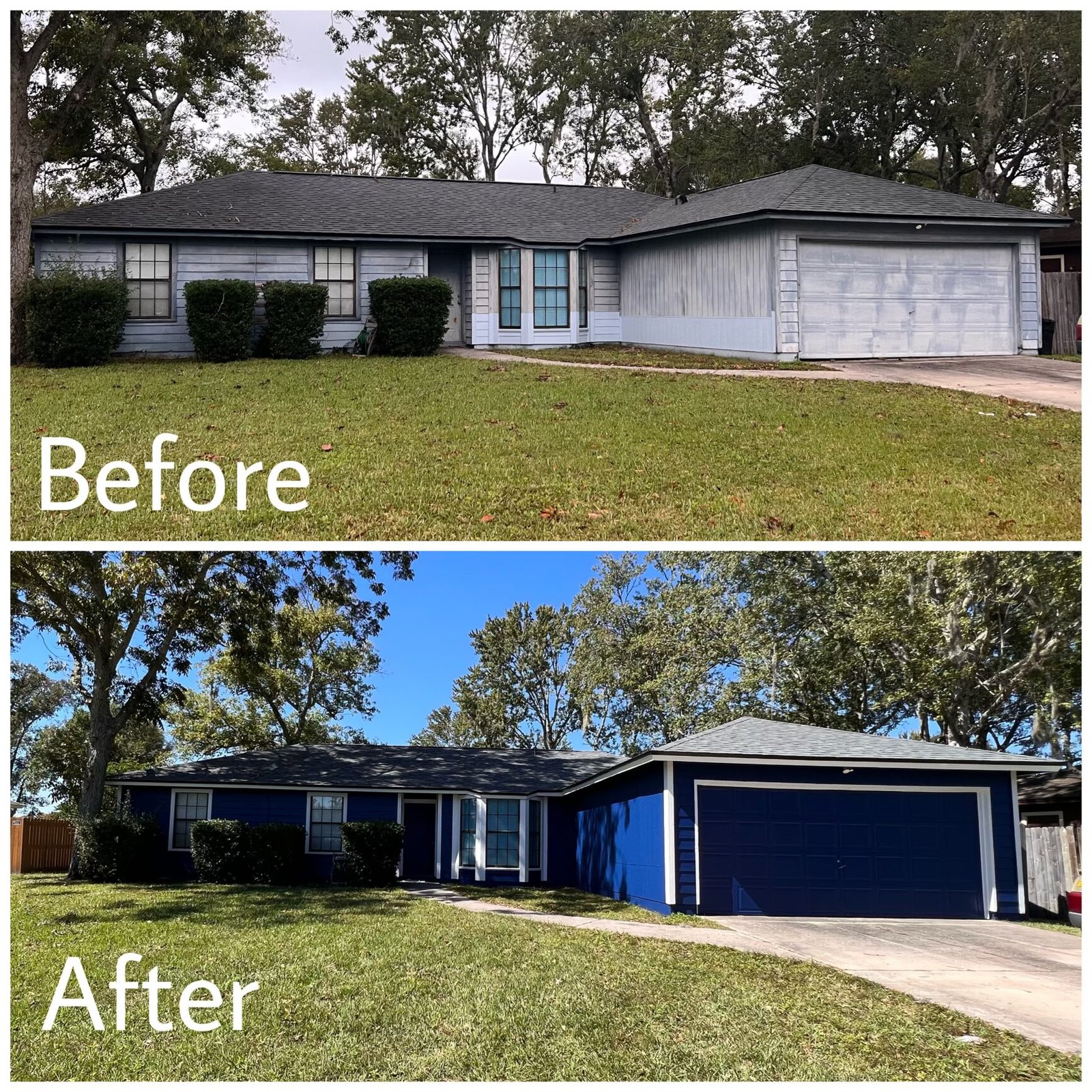 Before and after siding replacement and exterior repaint (client alt names Amelia Island; the same house is labelled Mandarin 32258 elsewhere)