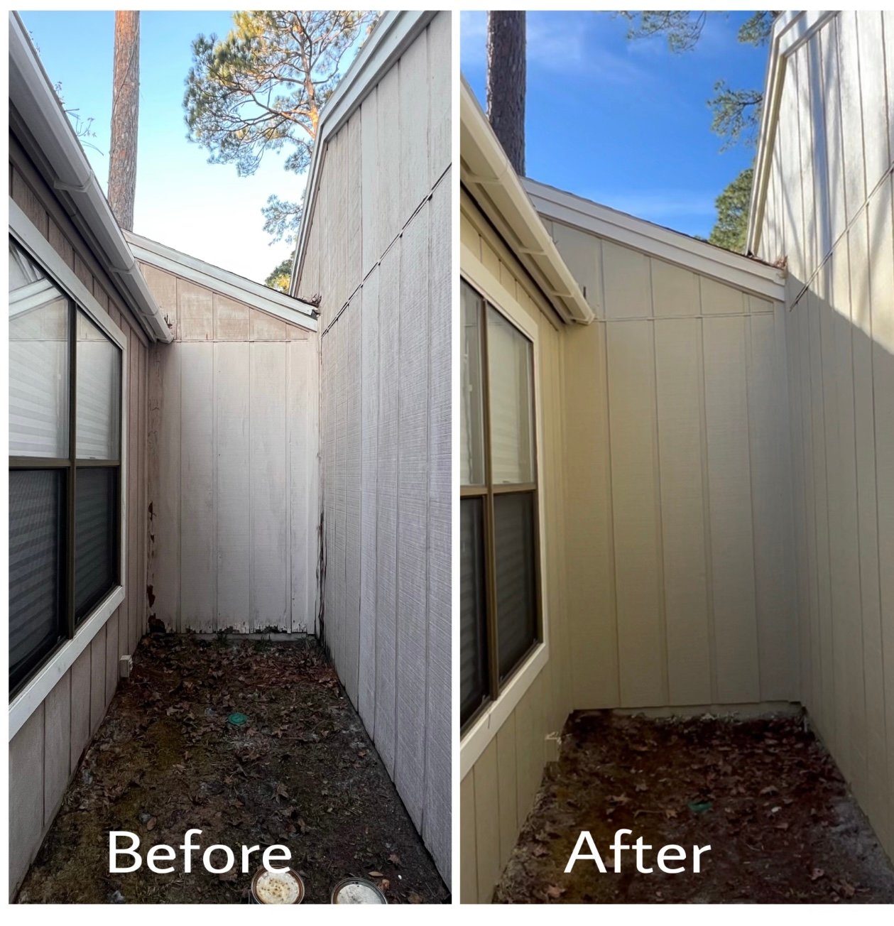 Before and after damaged siding replacement and exterior painting on a home in Mandarin Jacksonville FL 32258