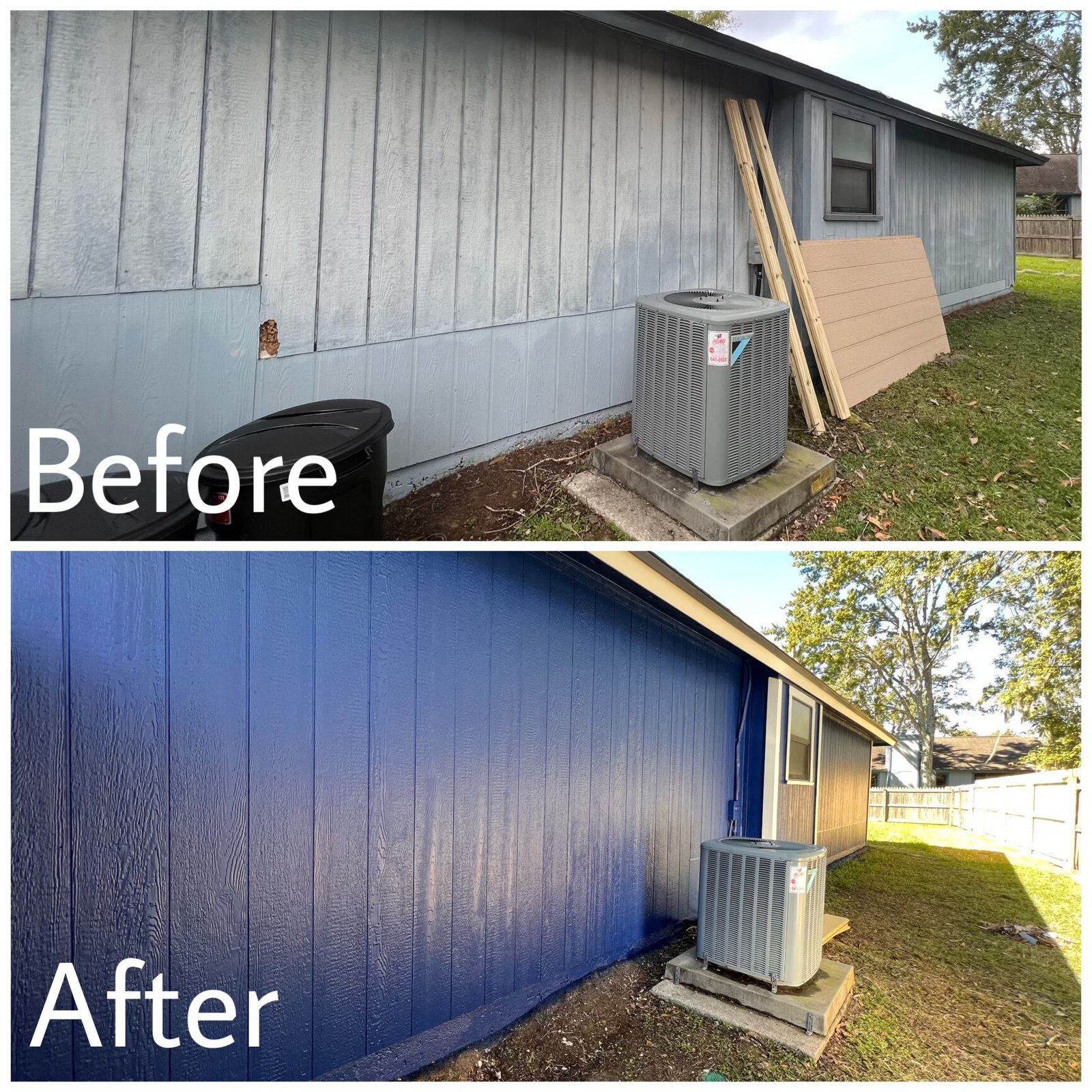 Before and after exterior house painting in Mandarin Jacksonville FL with full prep siding repair and trim repair