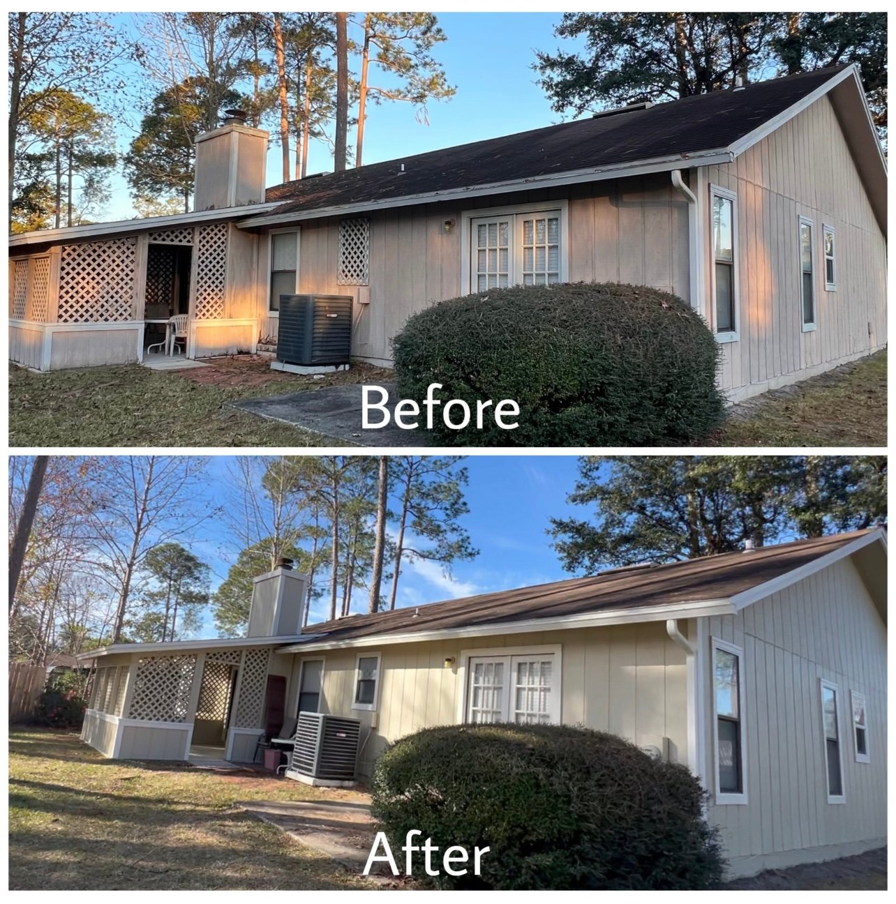 Before and after wood siding repair and exterior repaint (client alt names Amelia Island Plantation; the same house is labelled Mandarin 32258 elsewhere)
