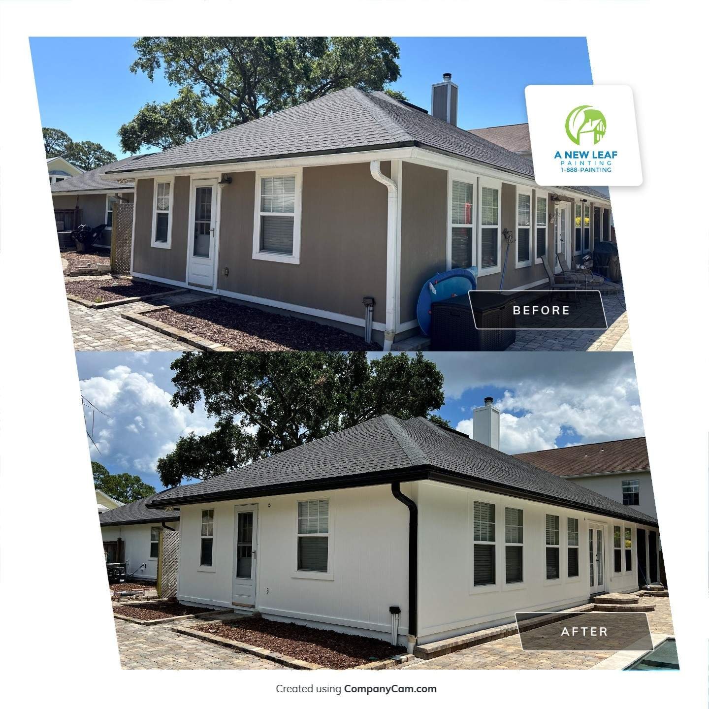 Before and after exterior repaint showing James Hardie siding, corner boards, trim and fascia in Jacksonville Beach FL 32250
