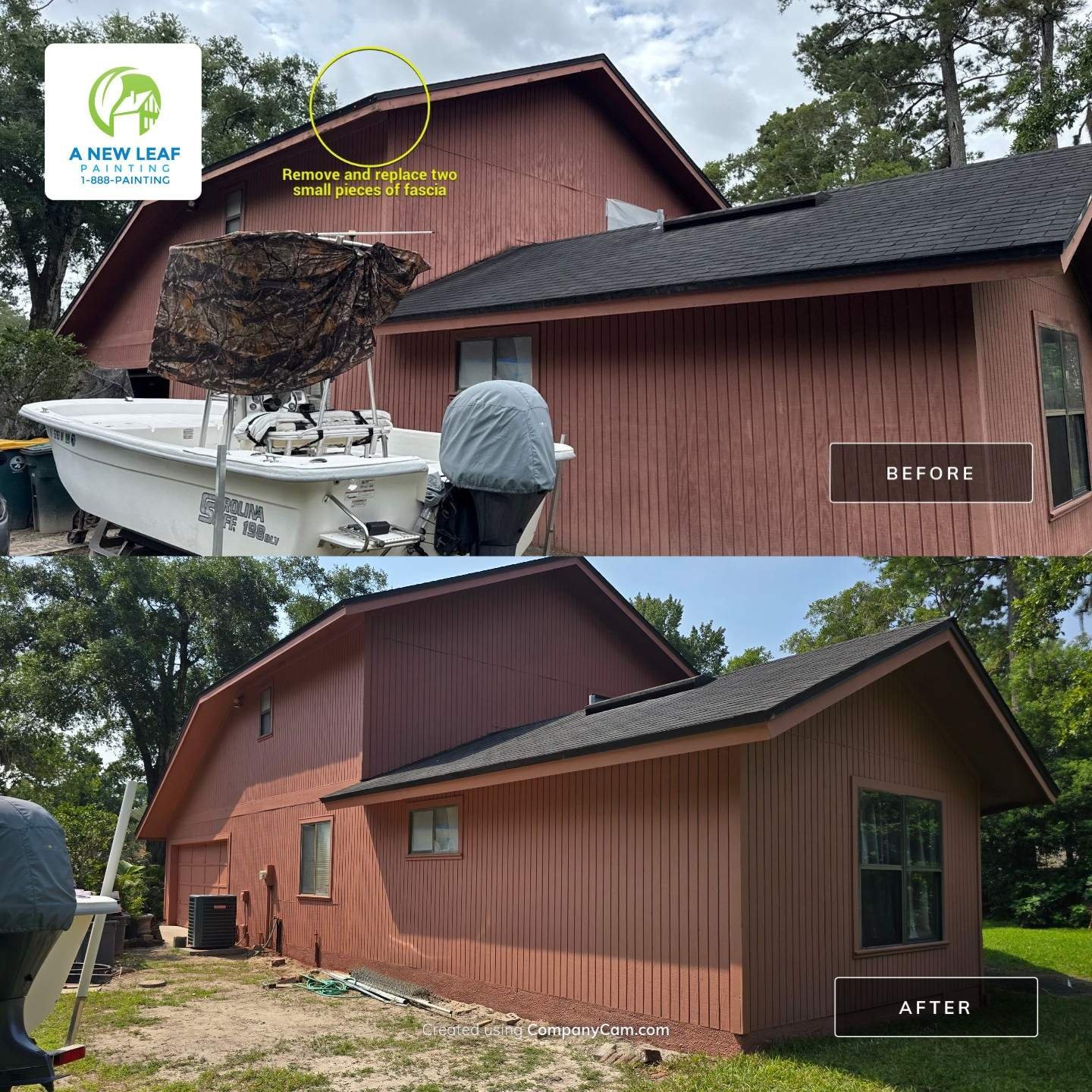 Damaged T1-11 siding on a Secret Cove home in Jacksonville 32216 before exterior siding repairs and repainting.