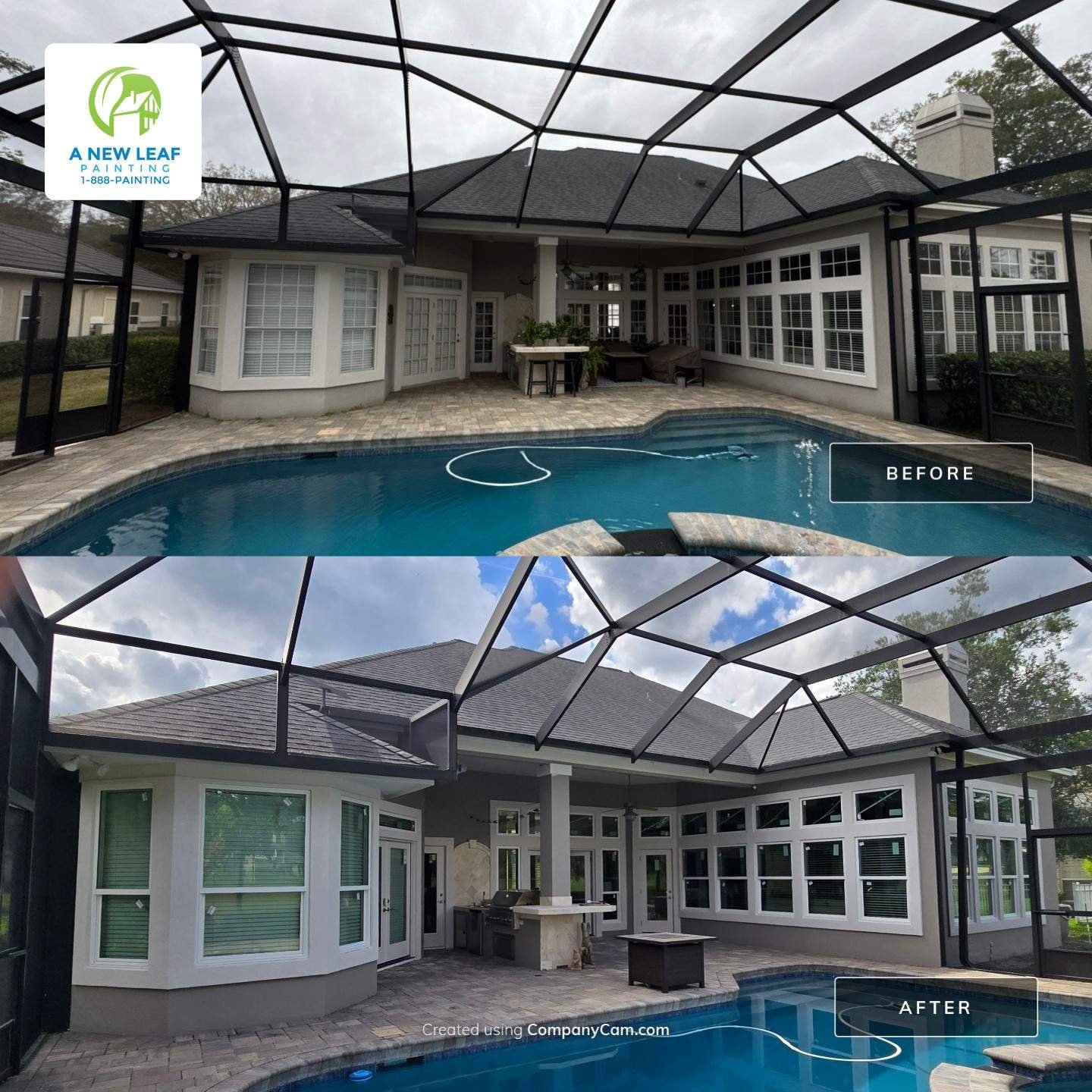 Before and after painted wood soffits and fascia on a Deercreek home in Jacksonville FL 32256