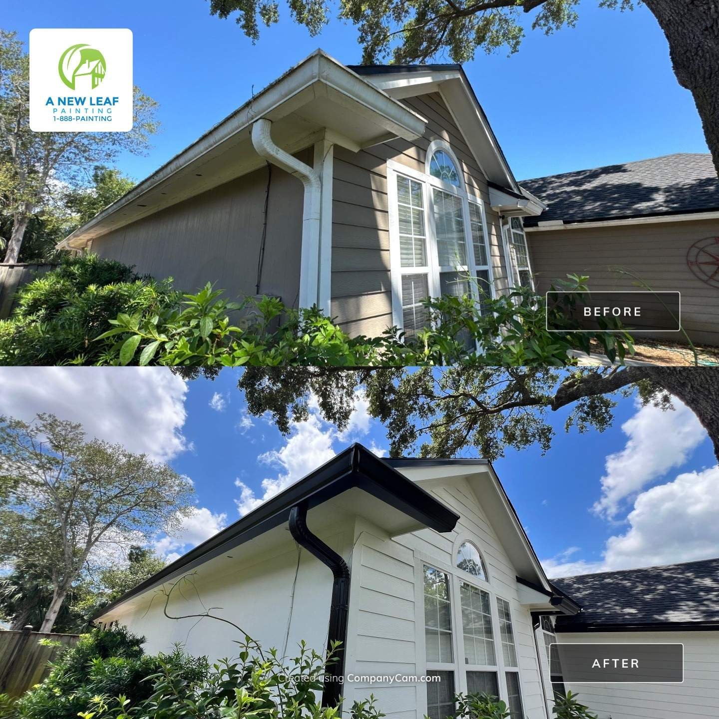 Before and after James Hardie lap siding, trim, soffit and fascia painting on a Jacksonville Beach FL 32250 home