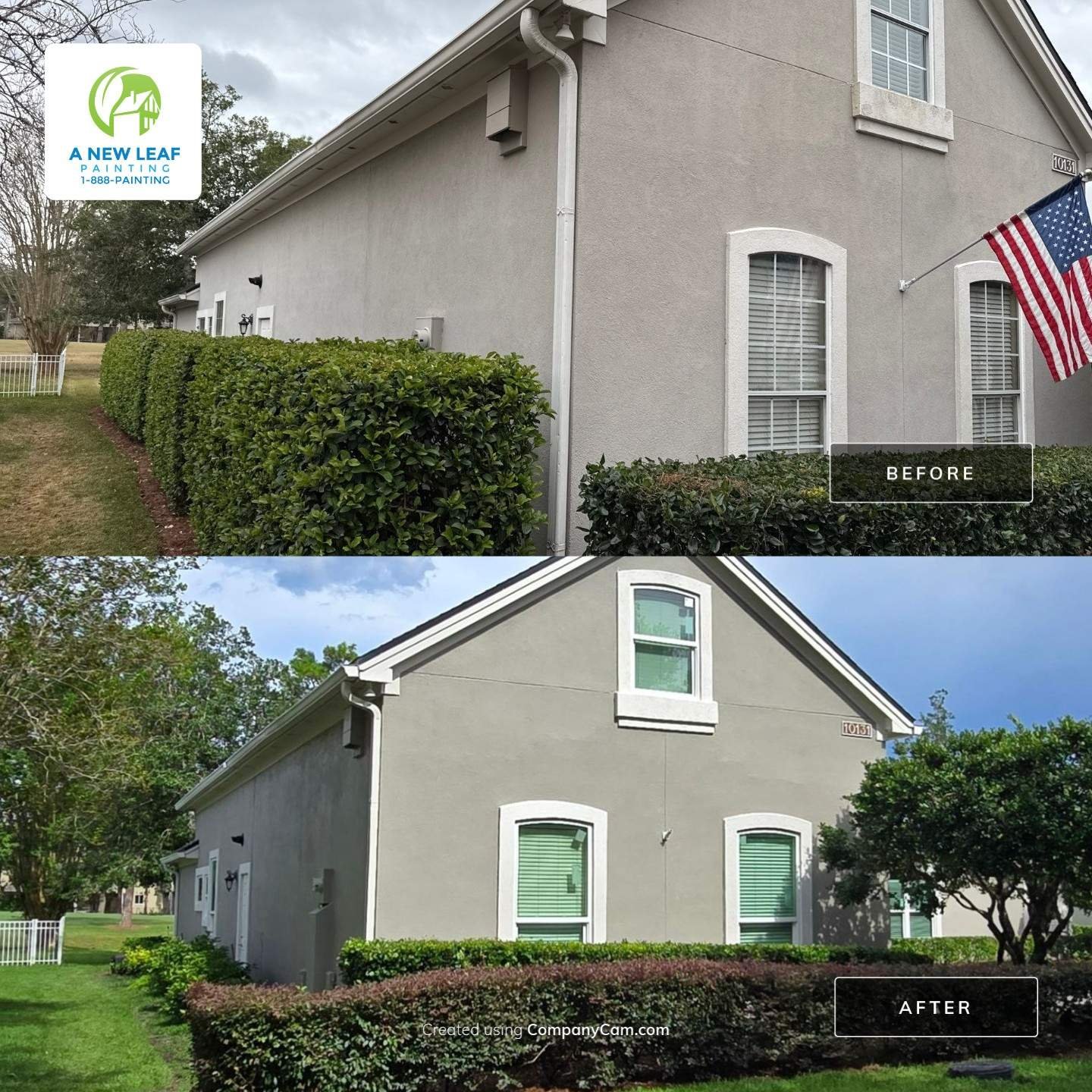 Before and after exterior house painting with stucco trim, fascia, soffits and doors in Deercreek Jacksonville FL 32256