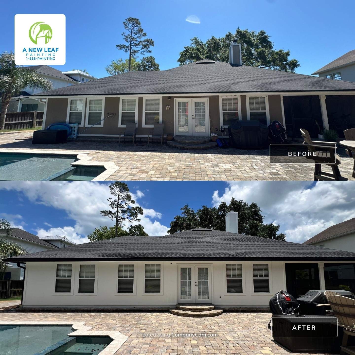 Before and after rear exterior of a James Hardie siding home repainted in Jacksonville Beach FL