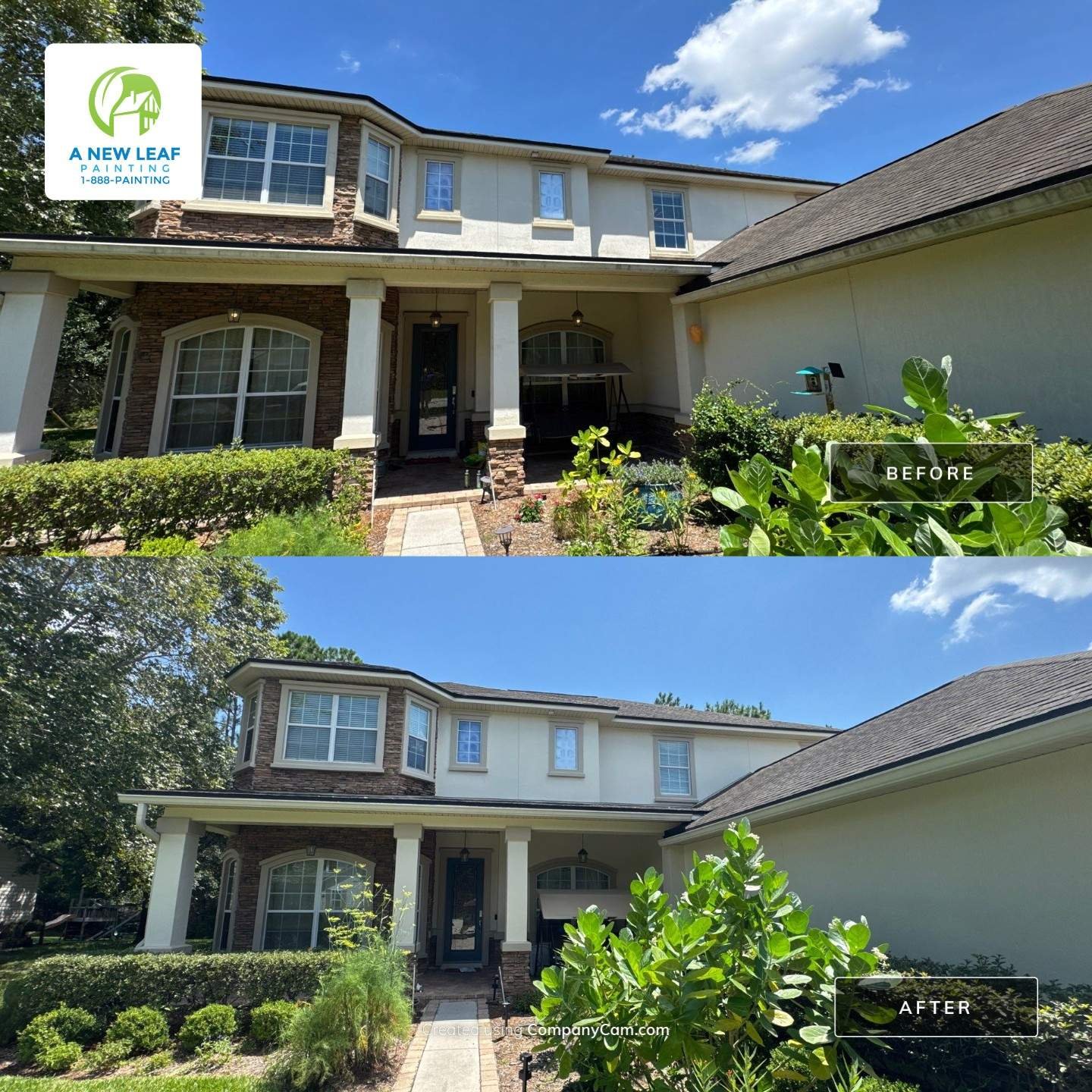 Before and after exterior repaint of a large two-story stucco home in Jacksonville, FL 32257 — full front facade showing updated body color, repainted columns, trim, and front door