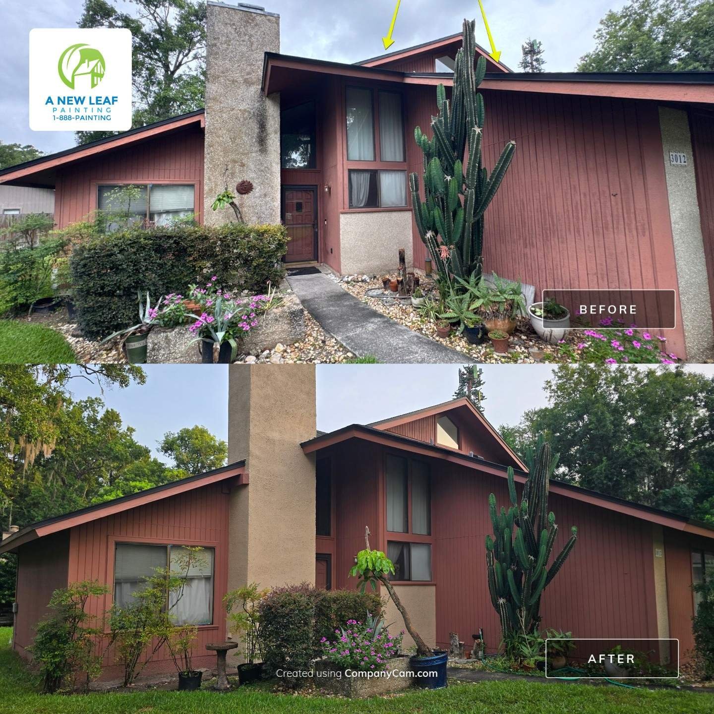 Before and after exterior painting of a Secret Cove home in Jacksonville 32216 — T1-11 siding and weathered coquina chimney repainted, showing full front facade transformation