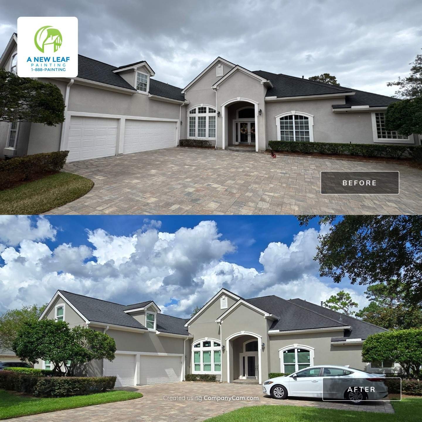 Before and after stucco trim, architectural bands and exterior doors painted on a Deercreek Jacksonville FL 32256 home
