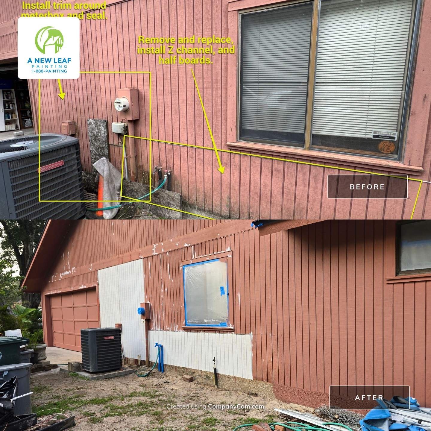 Before and after T1-11 siding repair and exterior painting on Secret Cove Jacksonville home — annotated before showing repair scope, after showing new boards installed and mid-project preparation stage