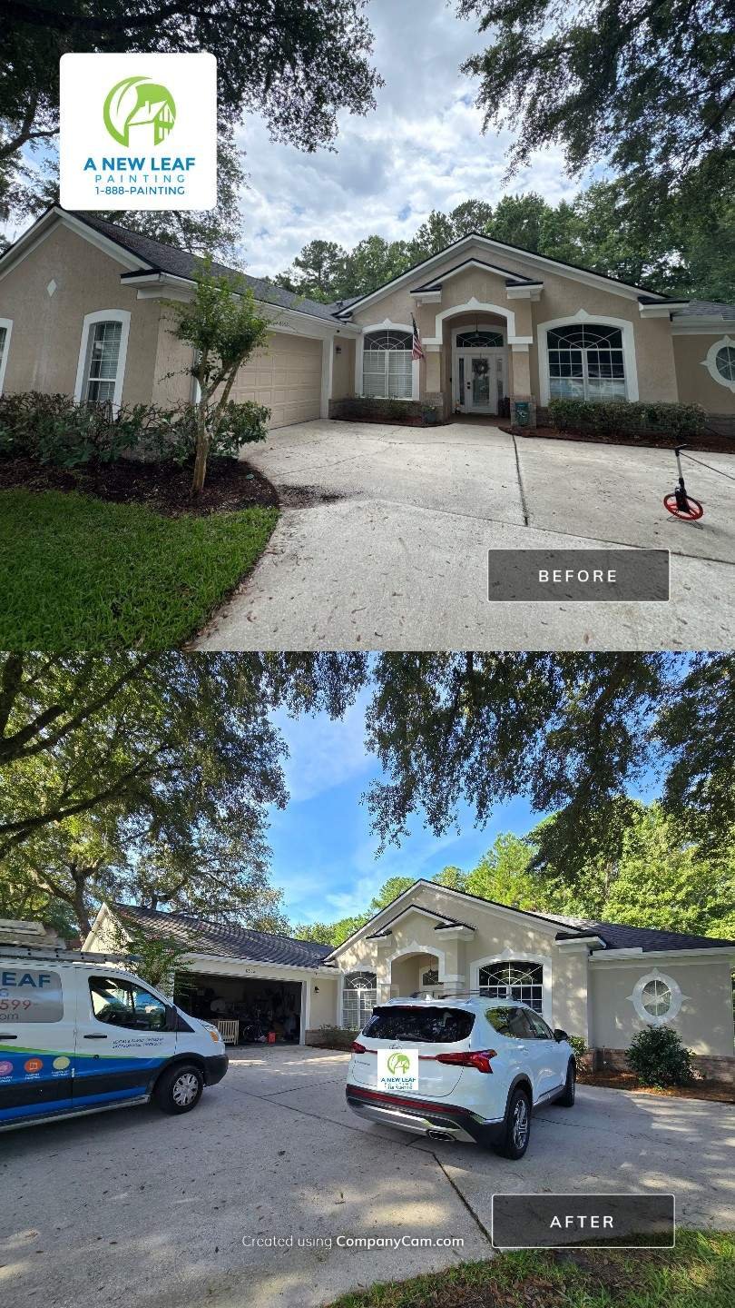 Before-and-after comparison of a Hampton Park, Jacksonville home's front exterior after a complete stucco repaint