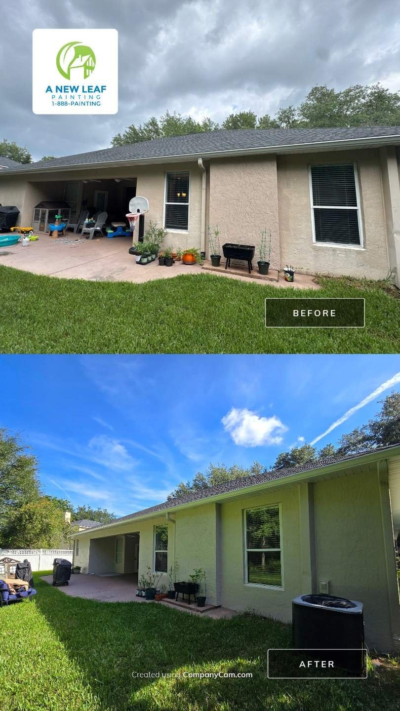 Before-and-after comparison of the East Hampton, Jacksonville stucco home exterior painting project
