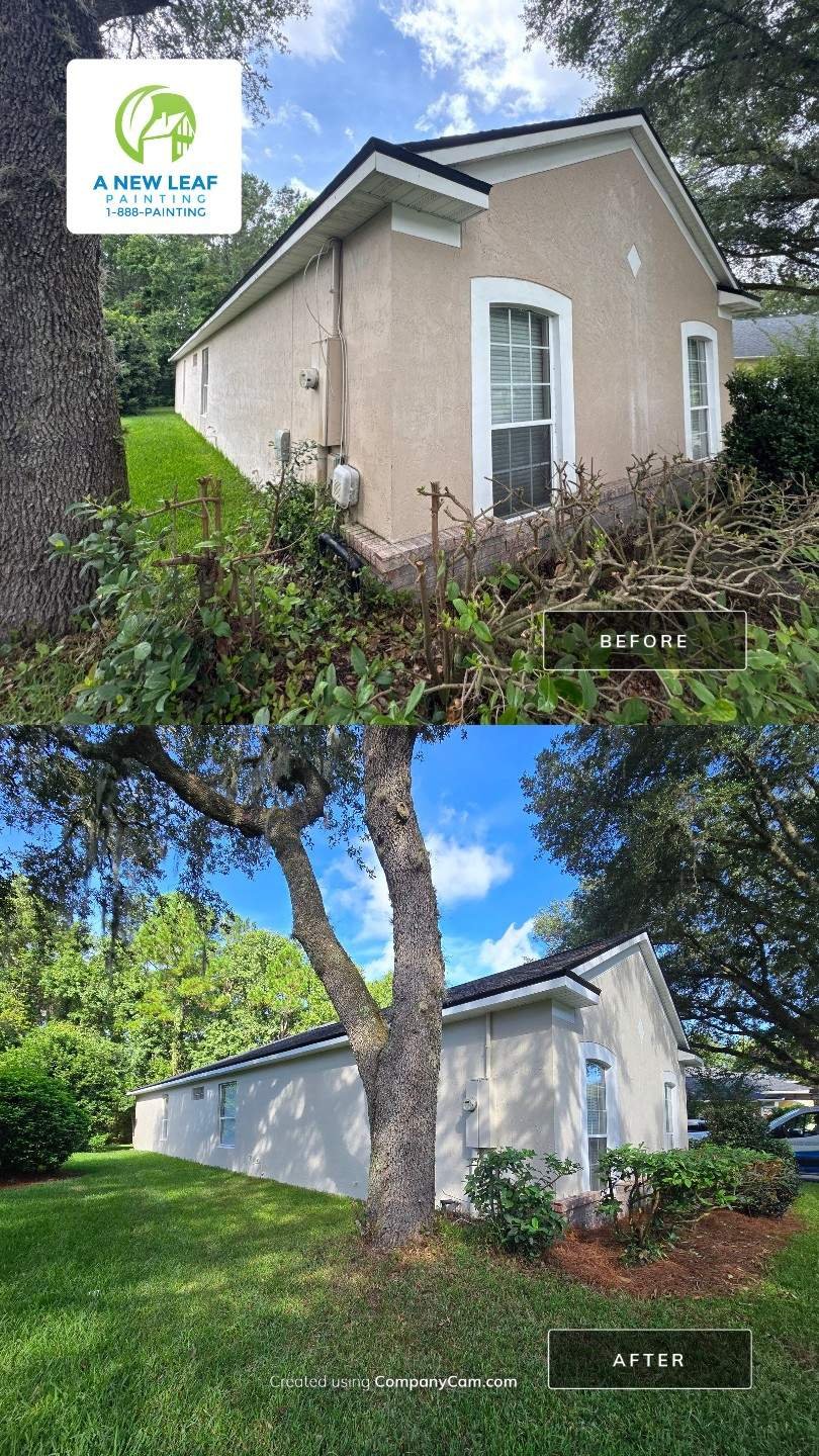 Before-and-after comparison of a Hampton Park home's side exterior wall after stucco repainting