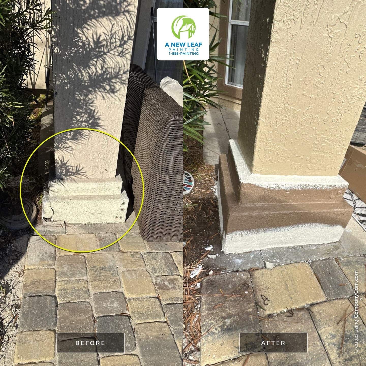 Before and after damaged stucco column-base repair on an Eagle Harbor home in Fleming Island FL