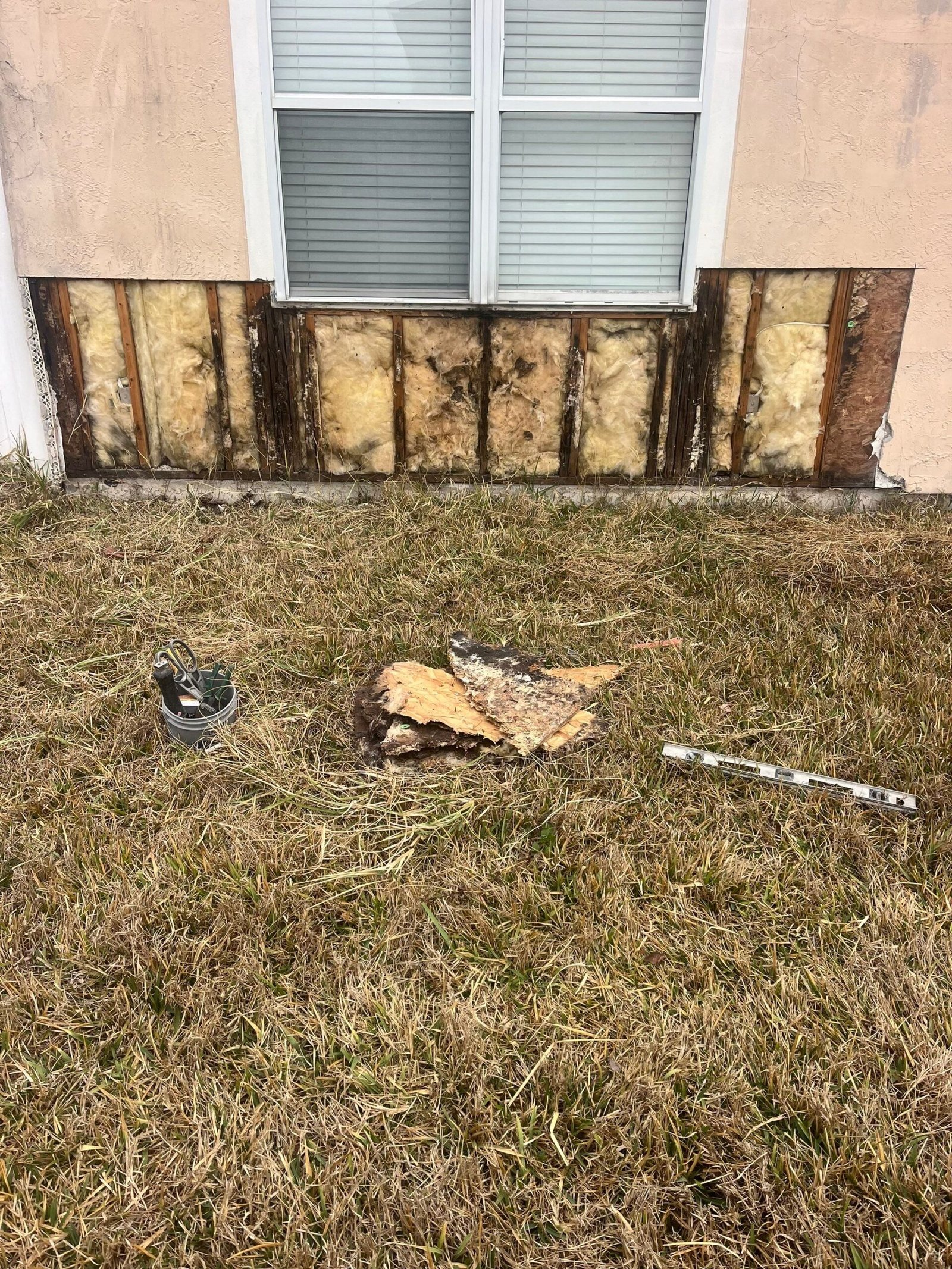 Deteriorated OSB sheathing exposed behind failed stucco